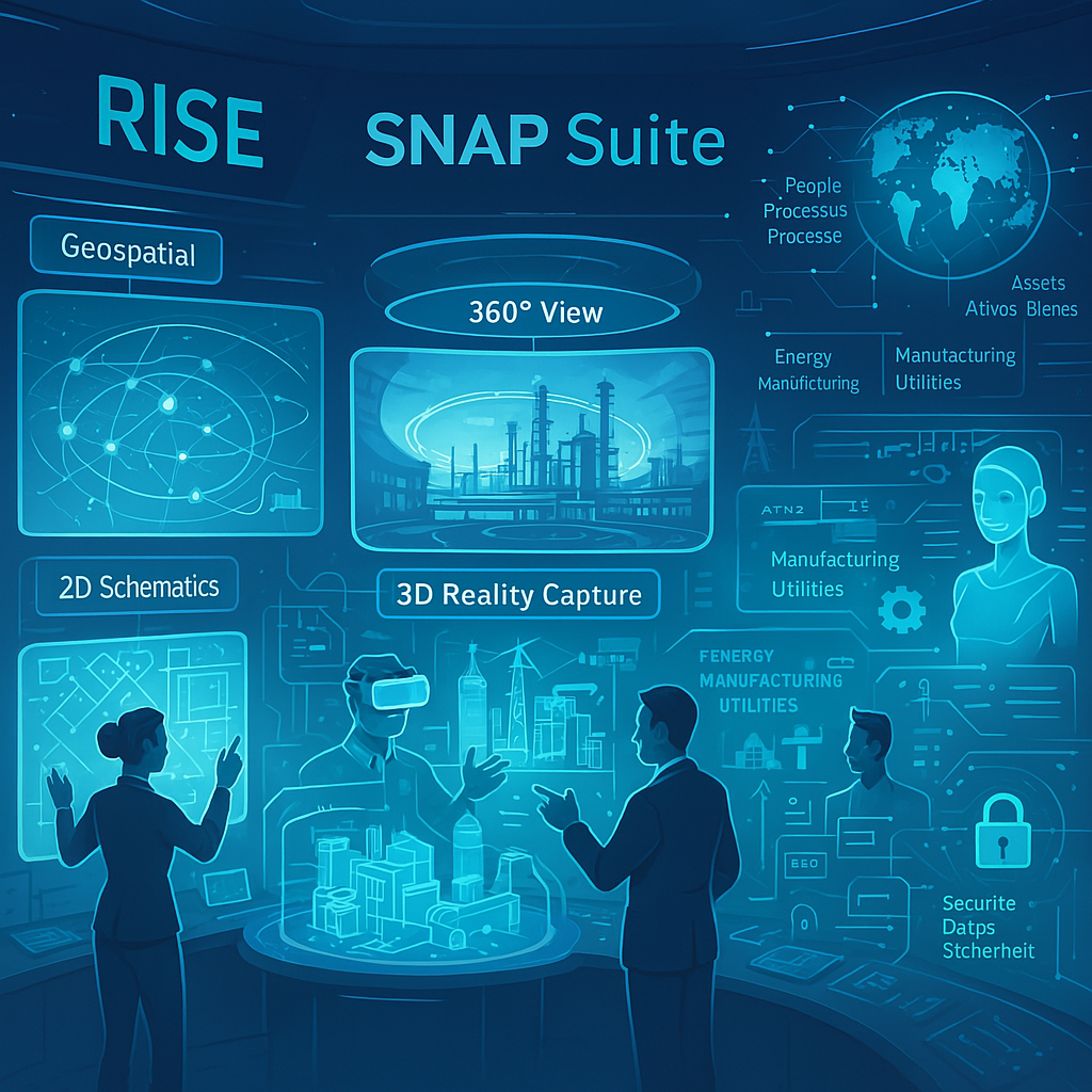 Create a futuristic and professional digital illustration showcasing RISE's SNAP Suite platform. The